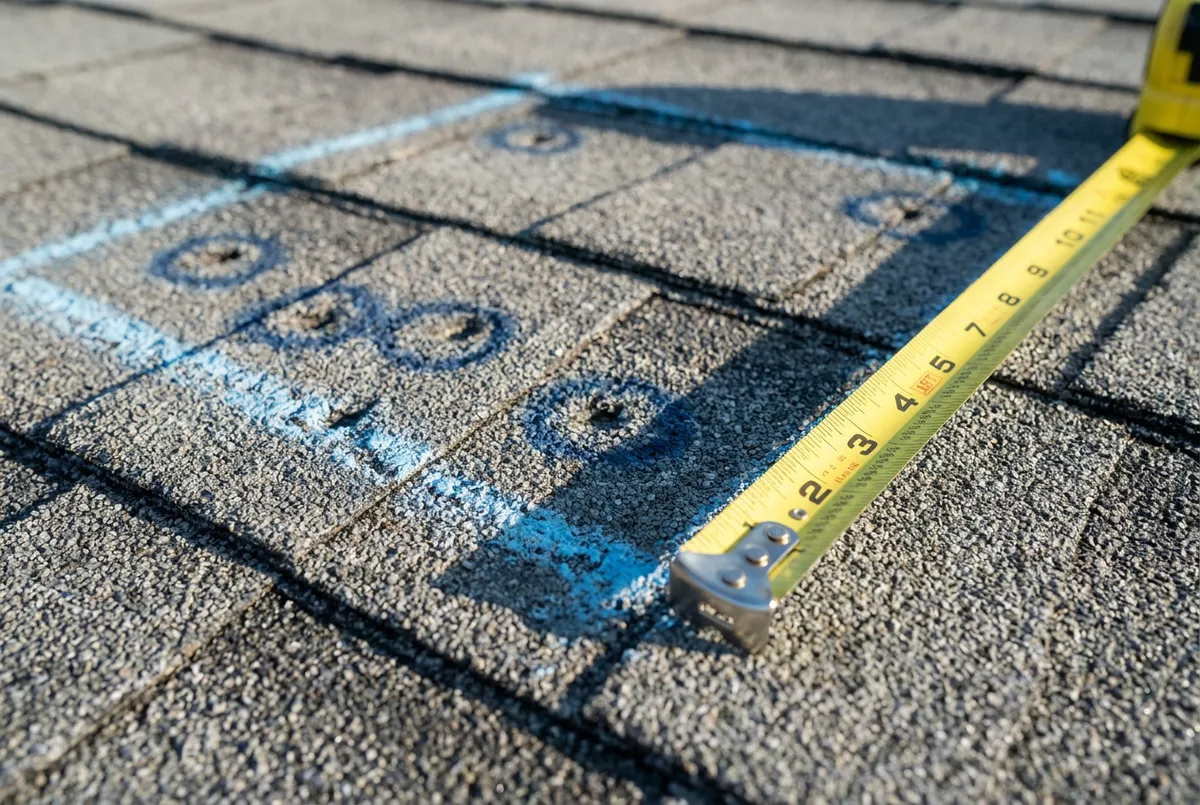 Ten by ten foot chalk test square on gray architectural shingles with hail bruises circled and a tape measure along one edge