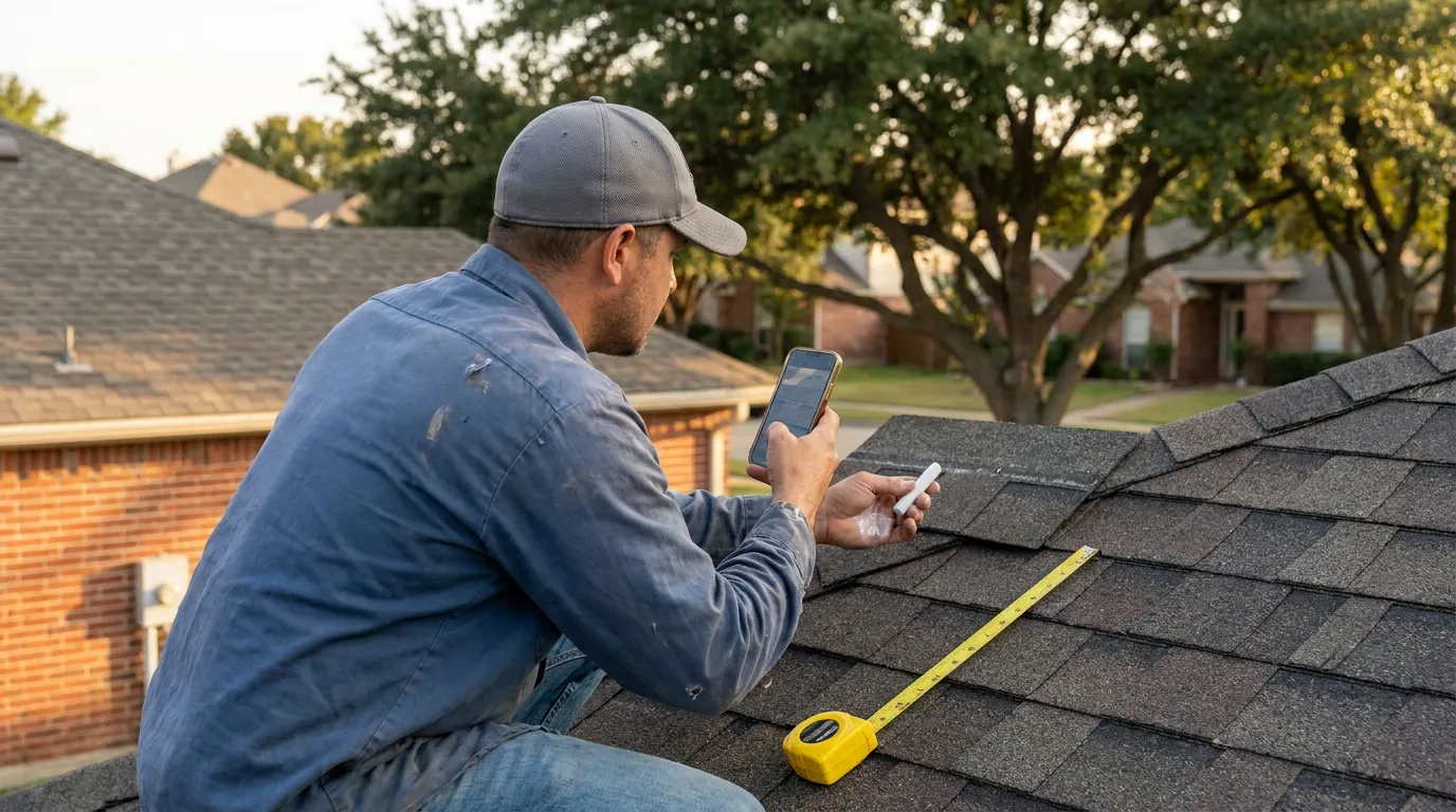 Roofer in a gray cap photographing shingles with a phone and chalk during a roof inspection on a single-story Plano, TX brick home