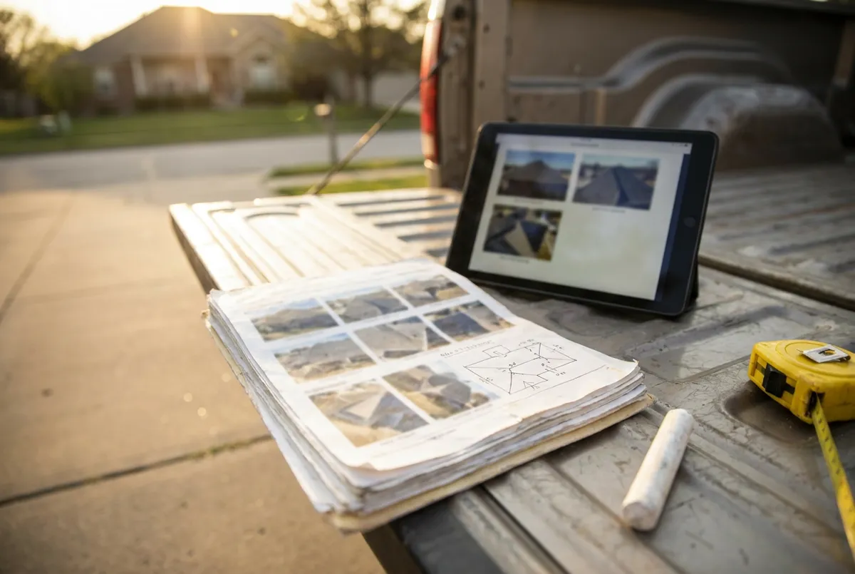 Printed roof inspection photo report and a tablet with roof photos laid on a pickup tailgate in a Texas driveway