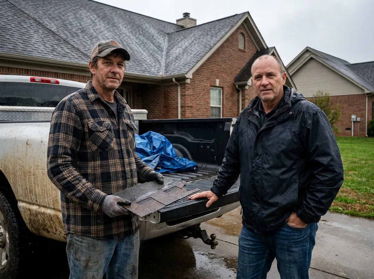 An insurance adjuster and a roofing project manager reviewing hail-damaged asphalt shingles together on a North Texas roof