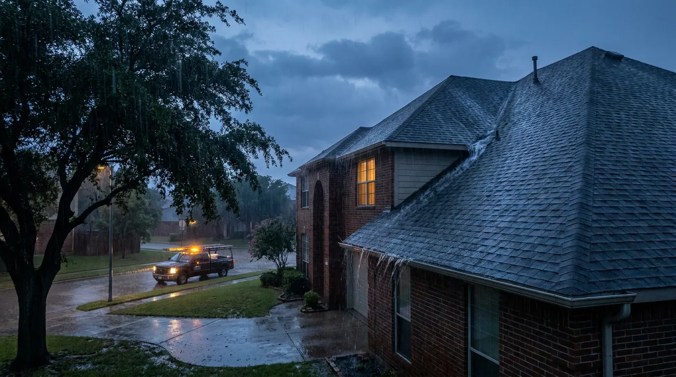 Rain sheeting off the wet shingle roof of a two-story North Dallas brick home at dusk as a Roof Raiders tarp truck arrives during a storm