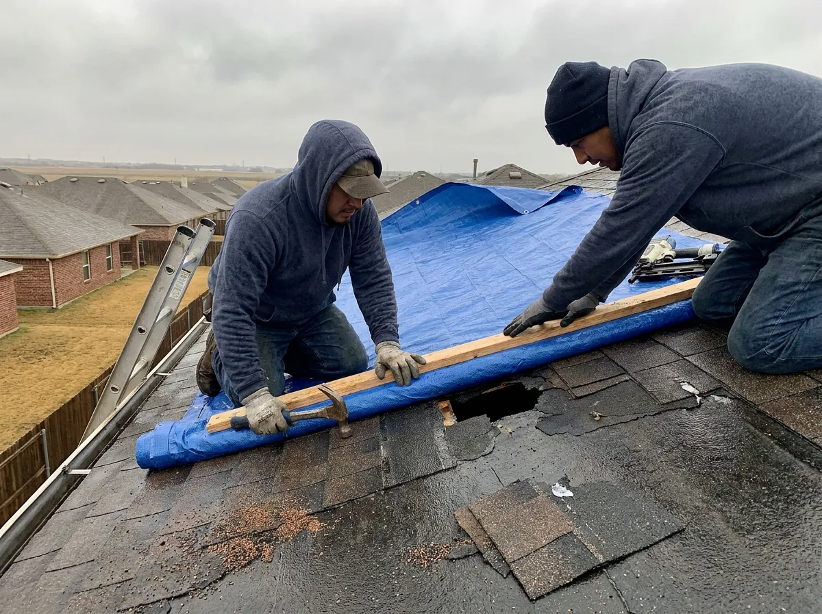 A roofing crew installing a 12-mil reinforced poly emergency tarp with furring strips on a storm-damaged North Texas home