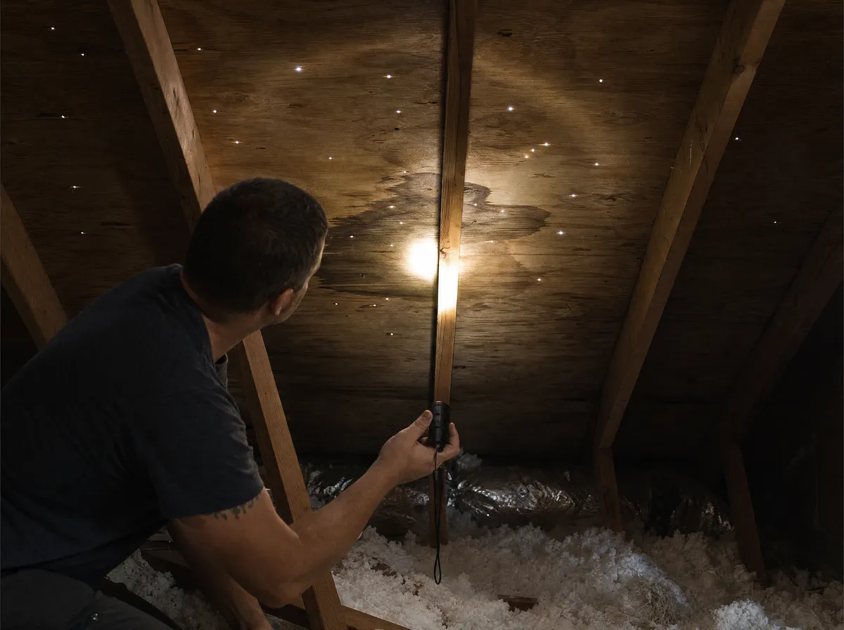 Flashlight inspection of attic decking showing daylight at nail holes and a water stain