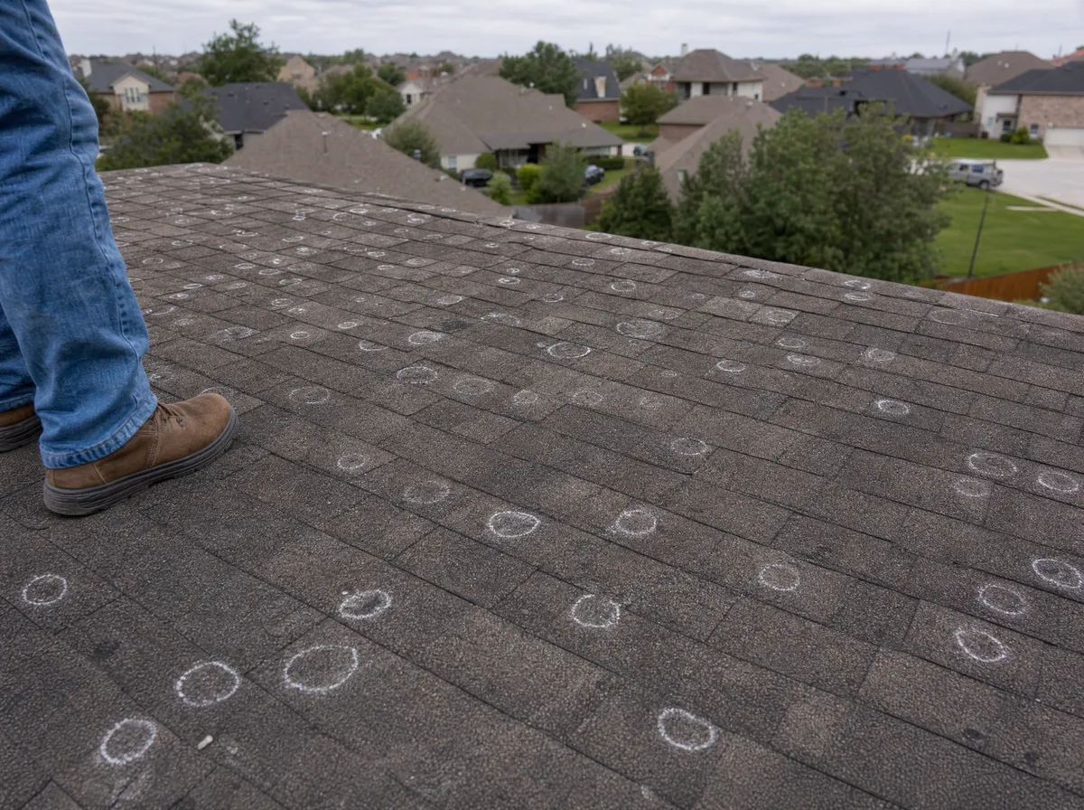Chalk-circled hail bruises across a slope on a McKinney, TX roof during an inspection