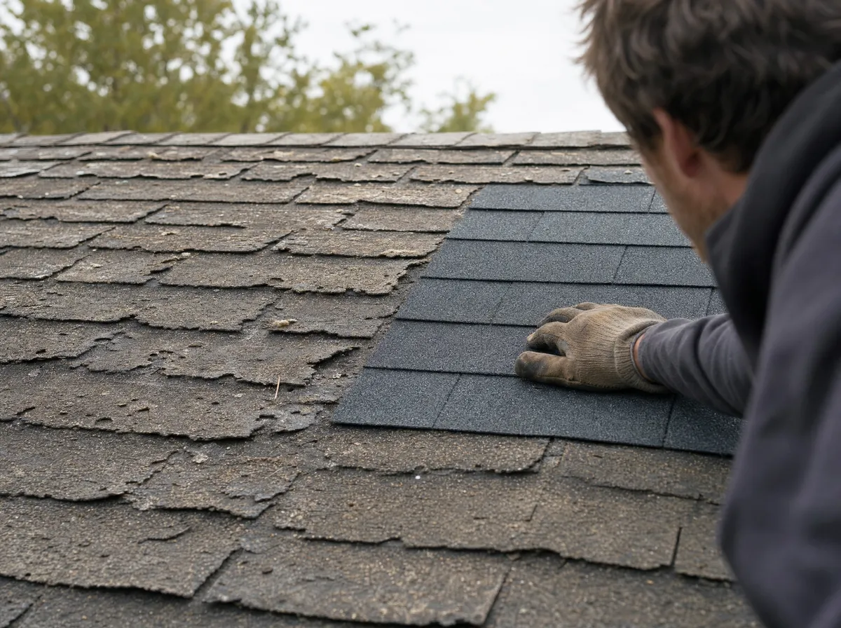 Worn, curling shingles beside a fresh repair patch on an aging North Texas roof
