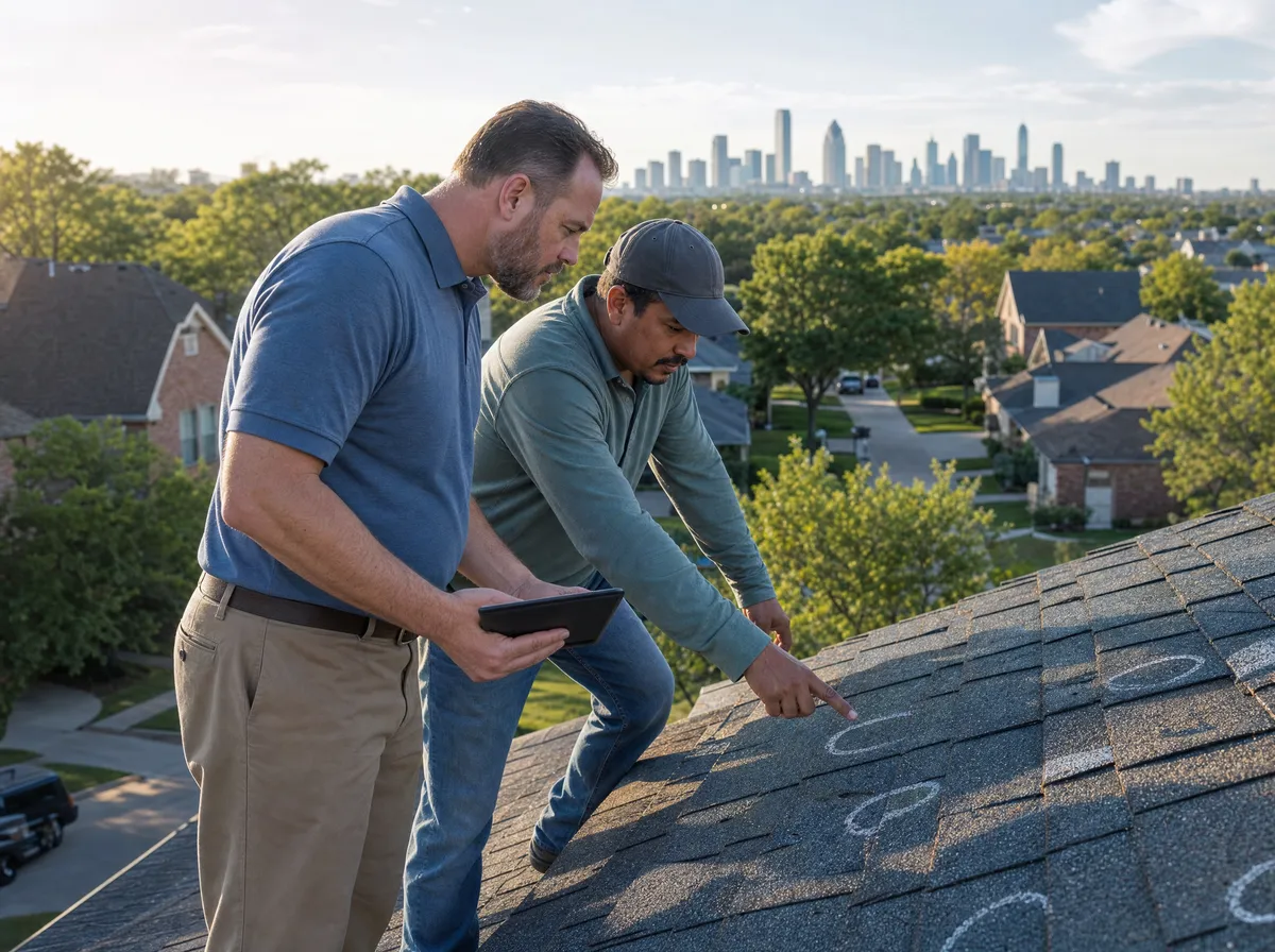 Roofer and insurance adjuster reviewing chalk-marked hail damage together on a Dallas-area roof