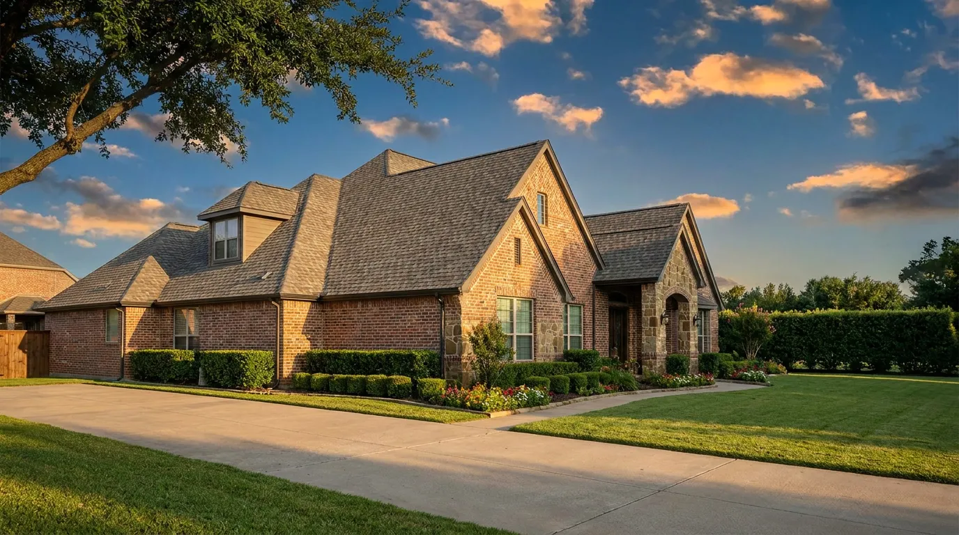 Freshly completed architectural shingle roof replacement on a two-story Dallas-area brick home at golden hour