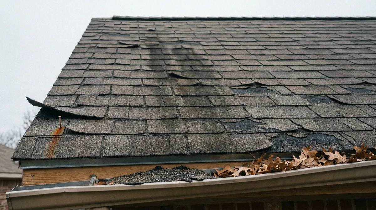 Aged 3-tab asphalt shingles with heavy granule loss on a North Texas ranch home