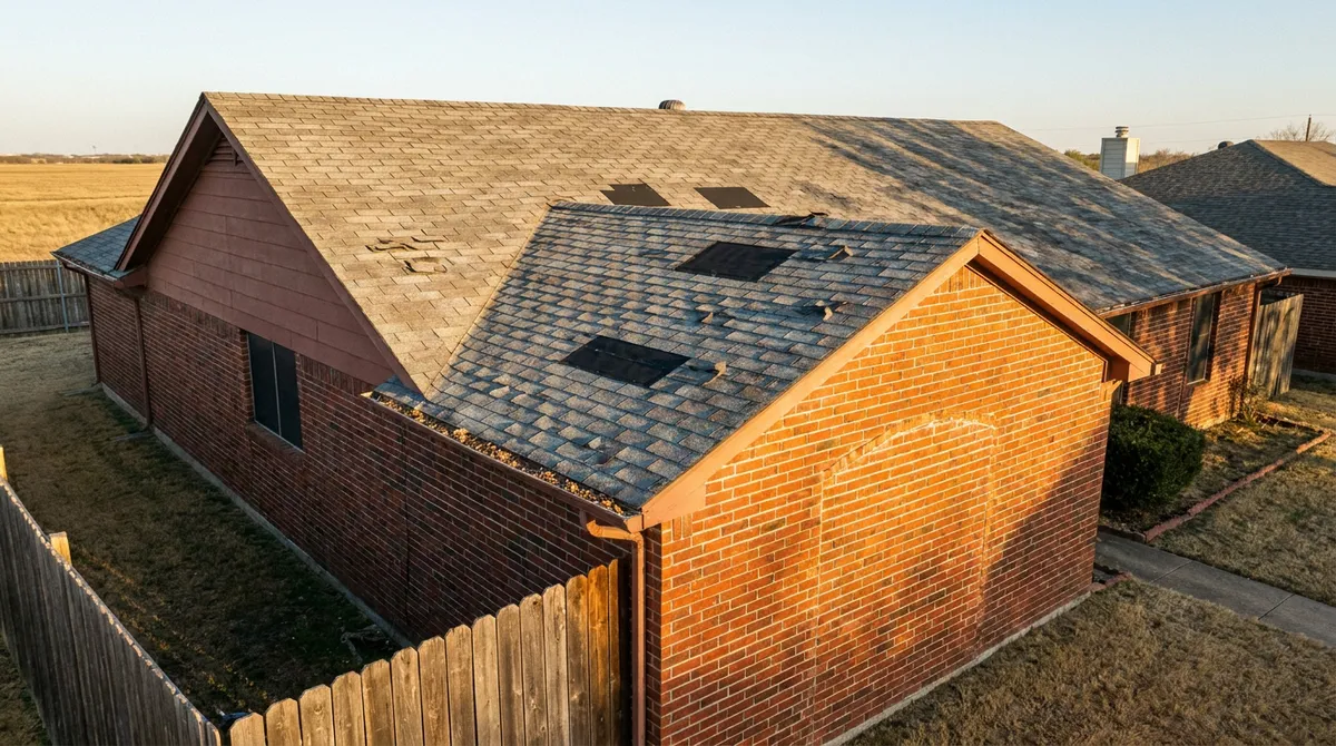 Aging asphalt roof in Plano TX with granule loss and curling shingles, one slope torn to bare decking, a clear roof replacement sign