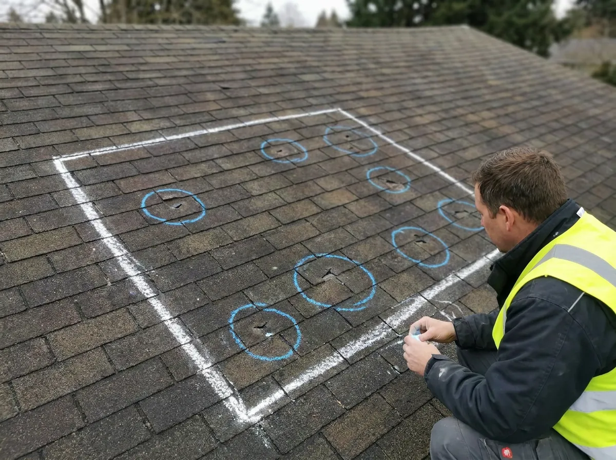 Chalk circles marking hail bruises during an insurance adjuster roof scope on a North Texas home