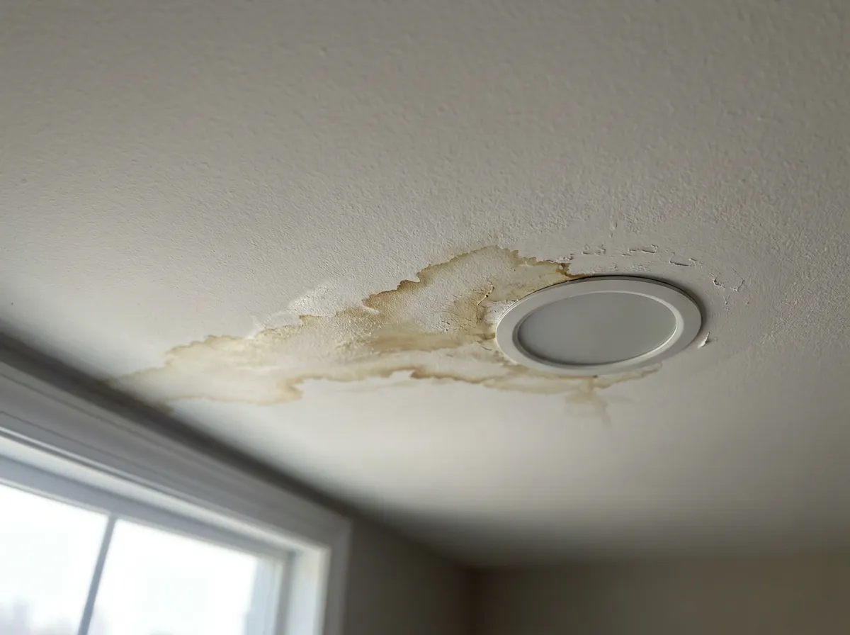 Brown water stain from a roof leak spreading across a master bedroom ceiling in a North Texas home