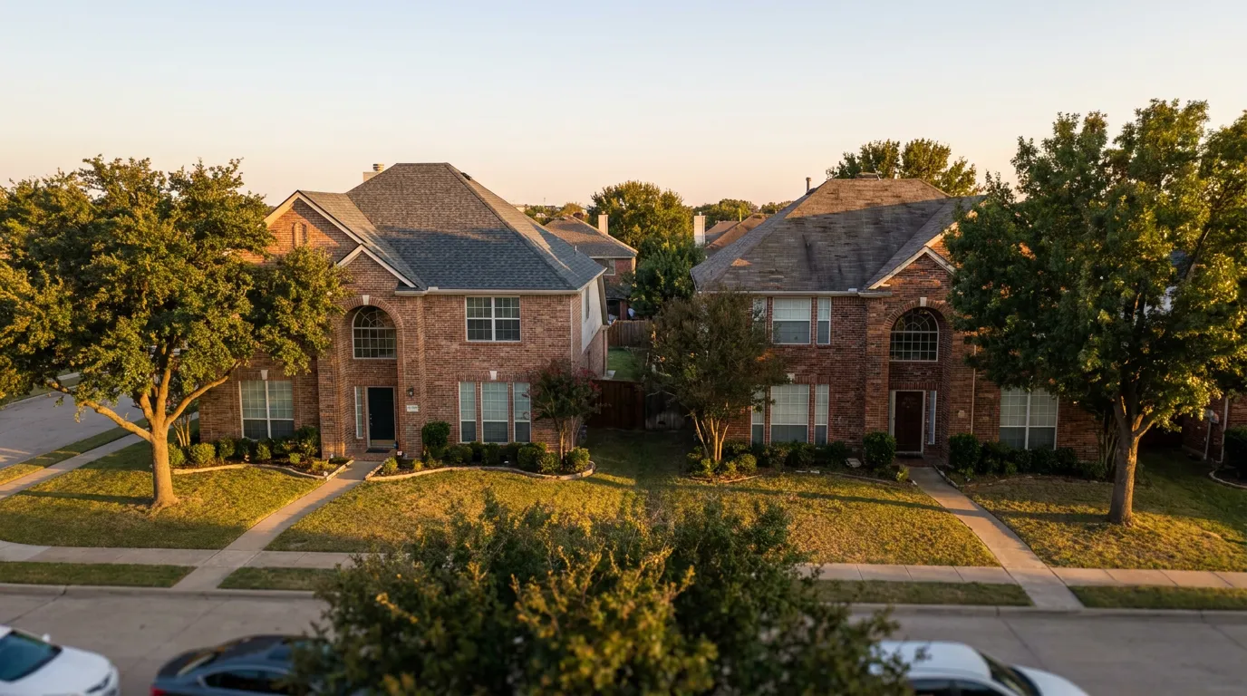 Two side-by-side suburban North Texas homes, one with a fresh new shingle roof and one with an aged roof