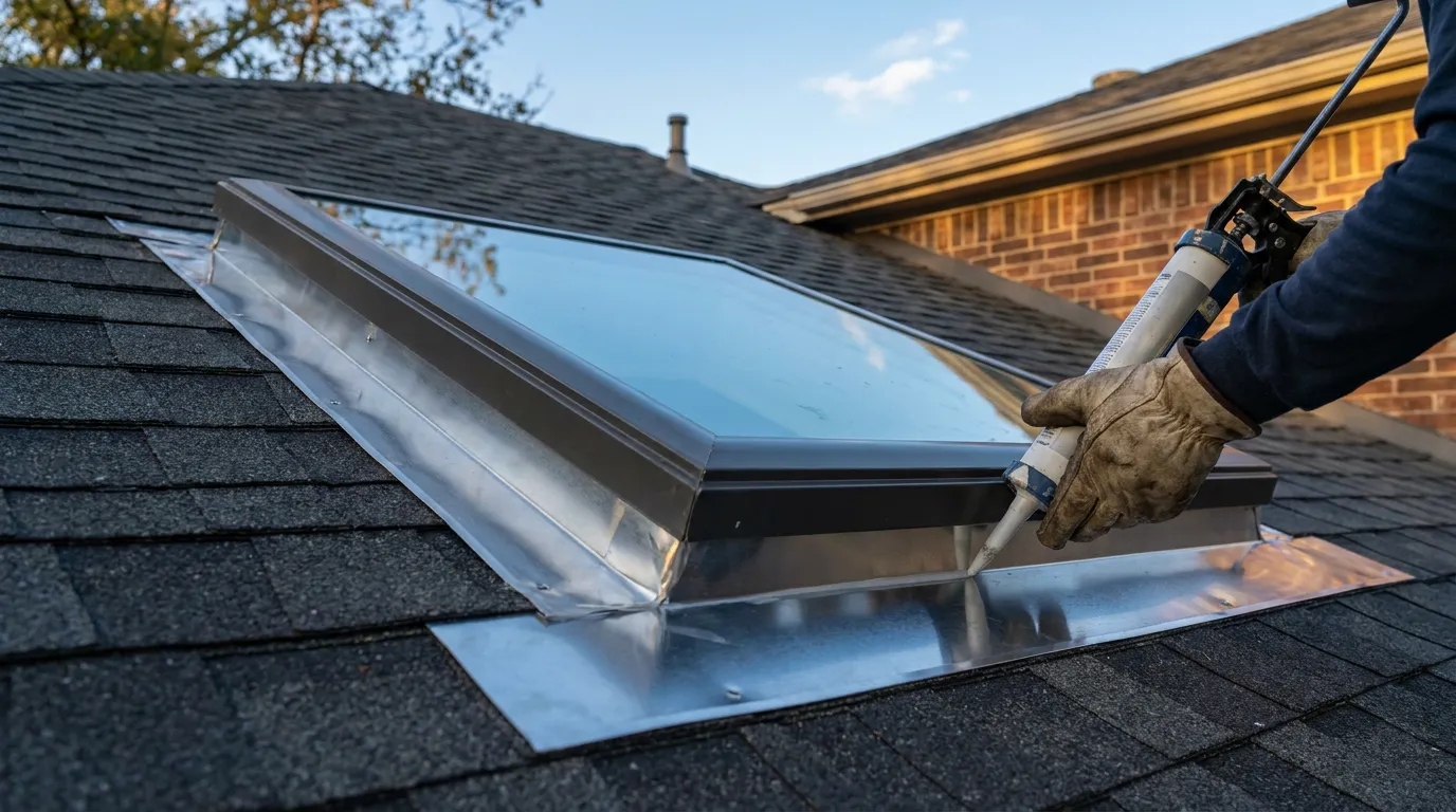 Deck-mounted skylight on a charcoal shingle roof of a Dallas brick home with new aluminum flashing being sealed by a gloved roofer