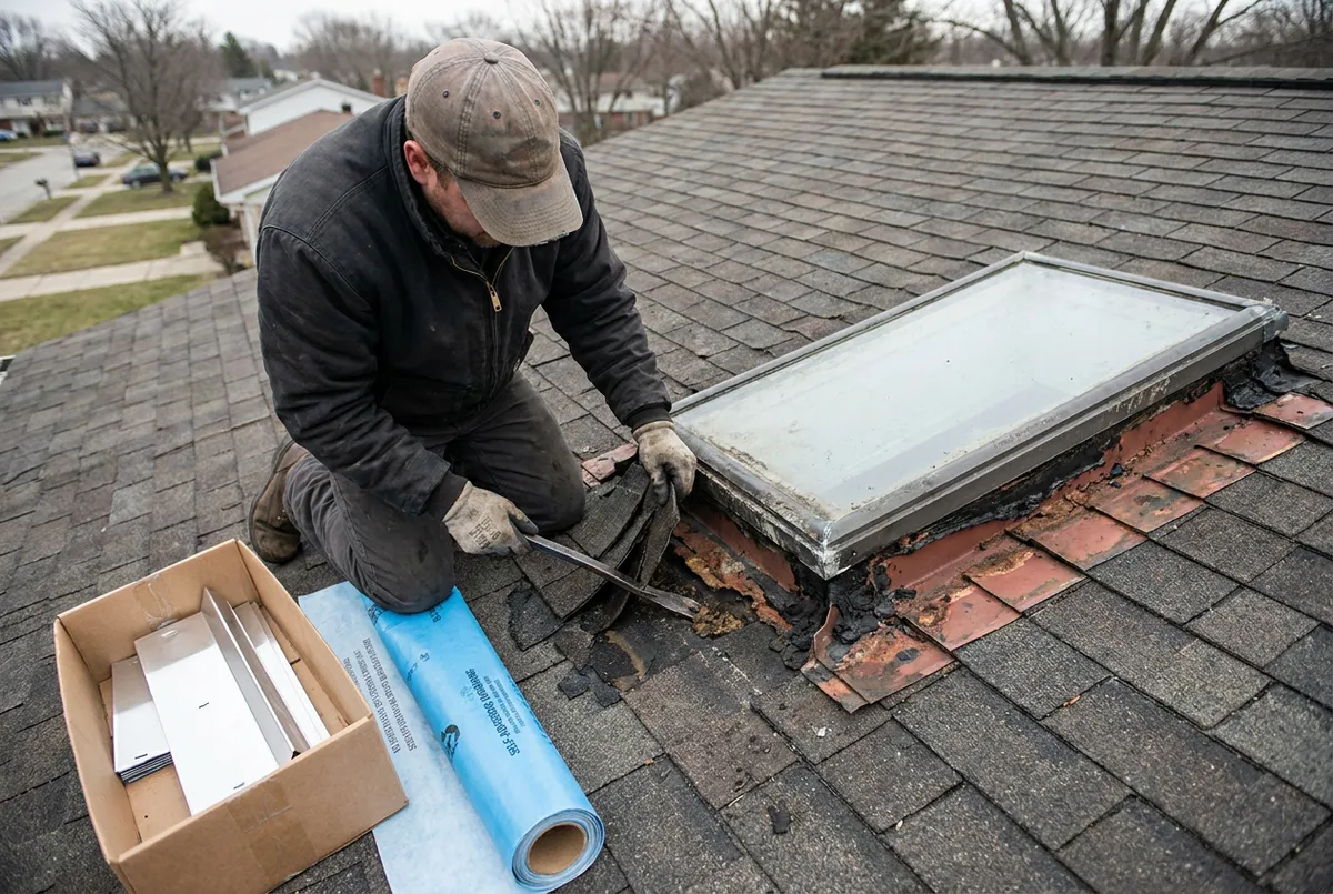 Roofer lifting shingles around an old skylight curb to expose cracked sealant and rusted flashing with a new flashing kit laid out beside it