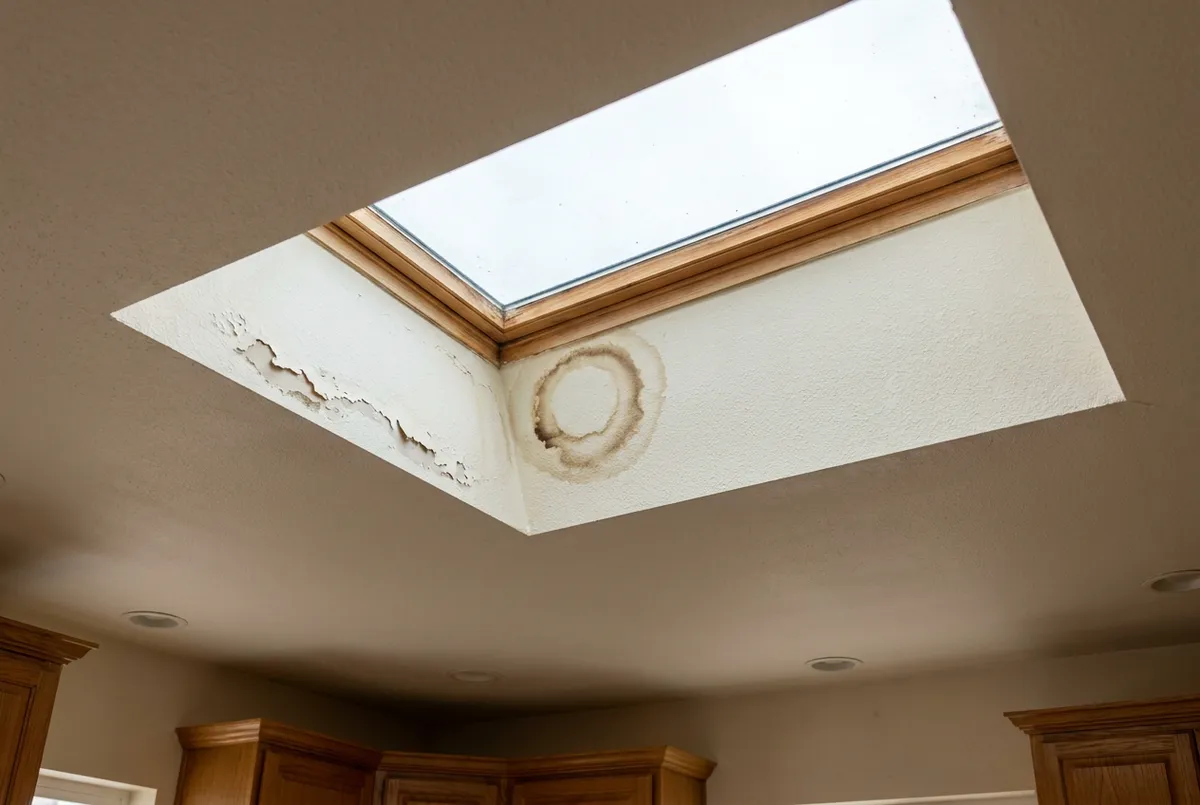 Interior view of a kitchen skylight with a brown water stain ring and peeling paint along one edge of the skylight well