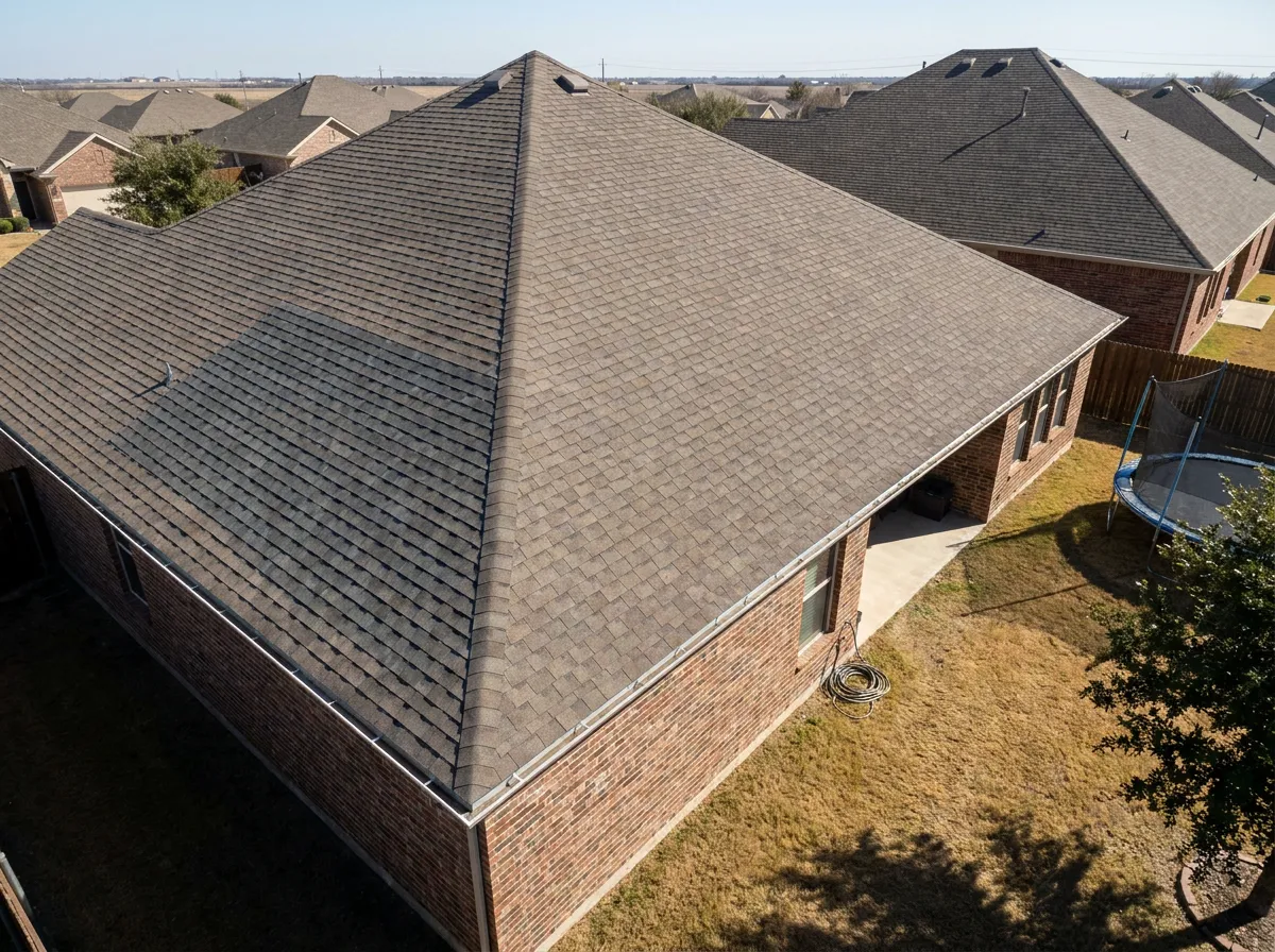 Diagram of a residential roof with one shaded slope illustrating the Texas 25 percent code threshold