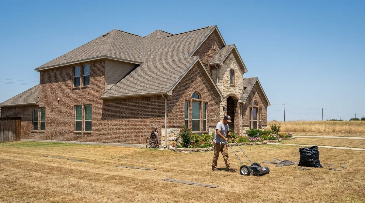 Freshly completed code-compliant full roof replacement on a brick Plano, TX home, new shingles and drip edge at golden hour