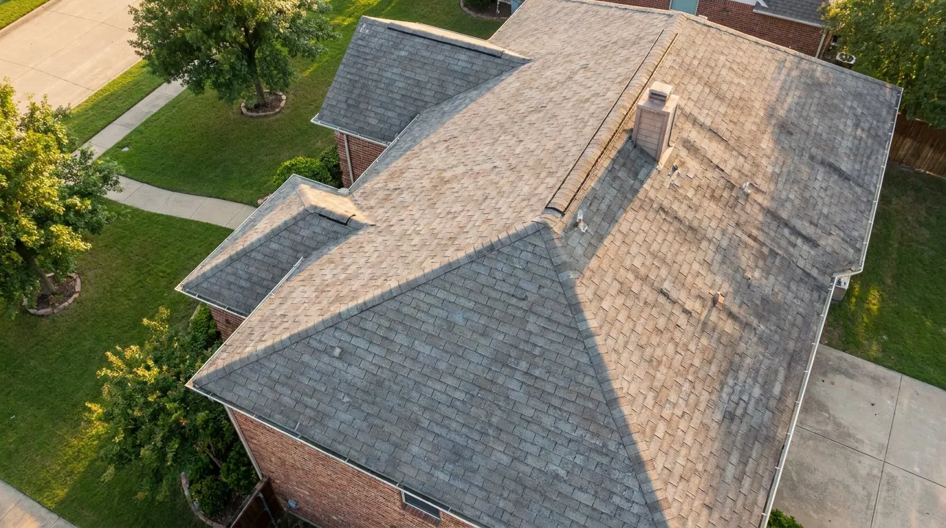 Aerial view of a suburban North Texas hip roof with one back slope larger than the others