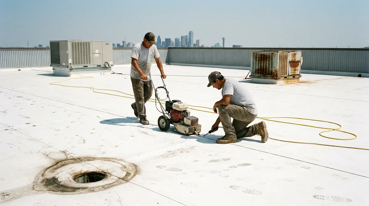Roofing crew welding a white TPO membrane seam on a Dallas commercial flat roof at golden hour with the downtown skyline behind
