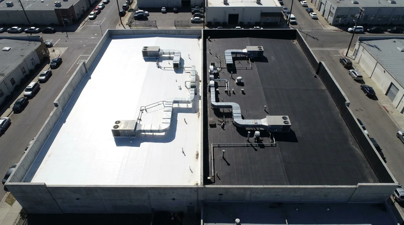 Side-by-side comparison of a white TPO commercial flat roof and a black EPDM commercial flat roof