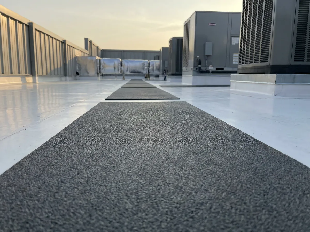 Gray walk pads installed on a white TPO roof leading to rooftop HVAC units