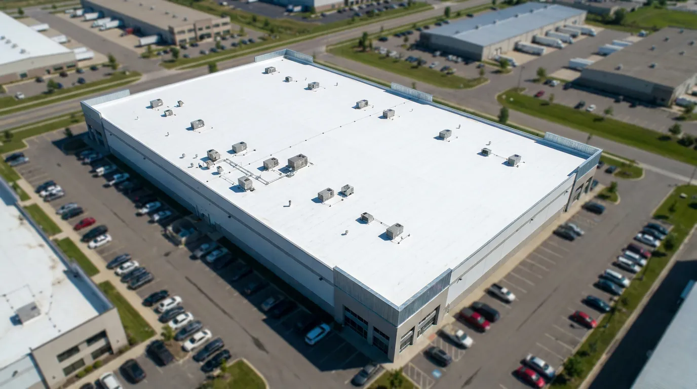 Aerial view of a commercial warehouse with a freshly installed white TPO flat roof in the Dallas area