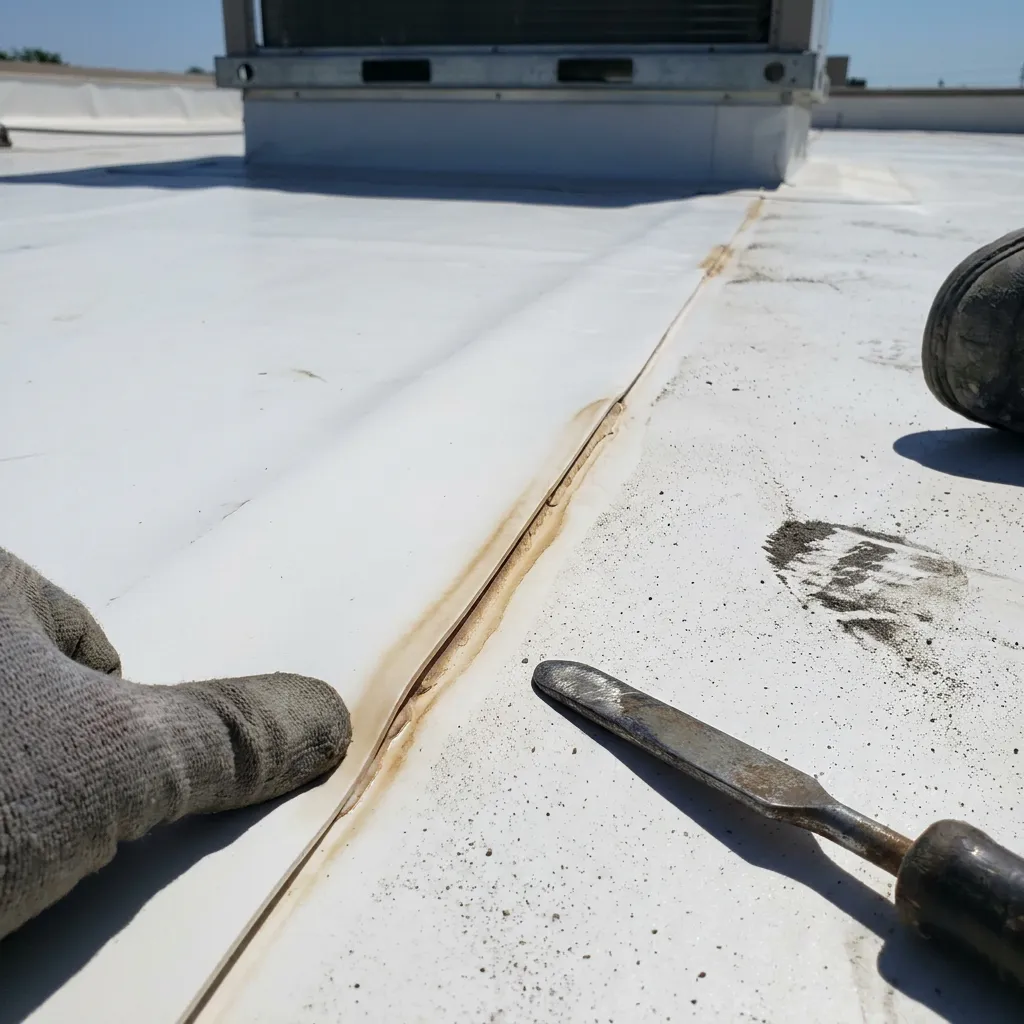 Close-up of a heat-welded TPO seam on a commercial flat roof