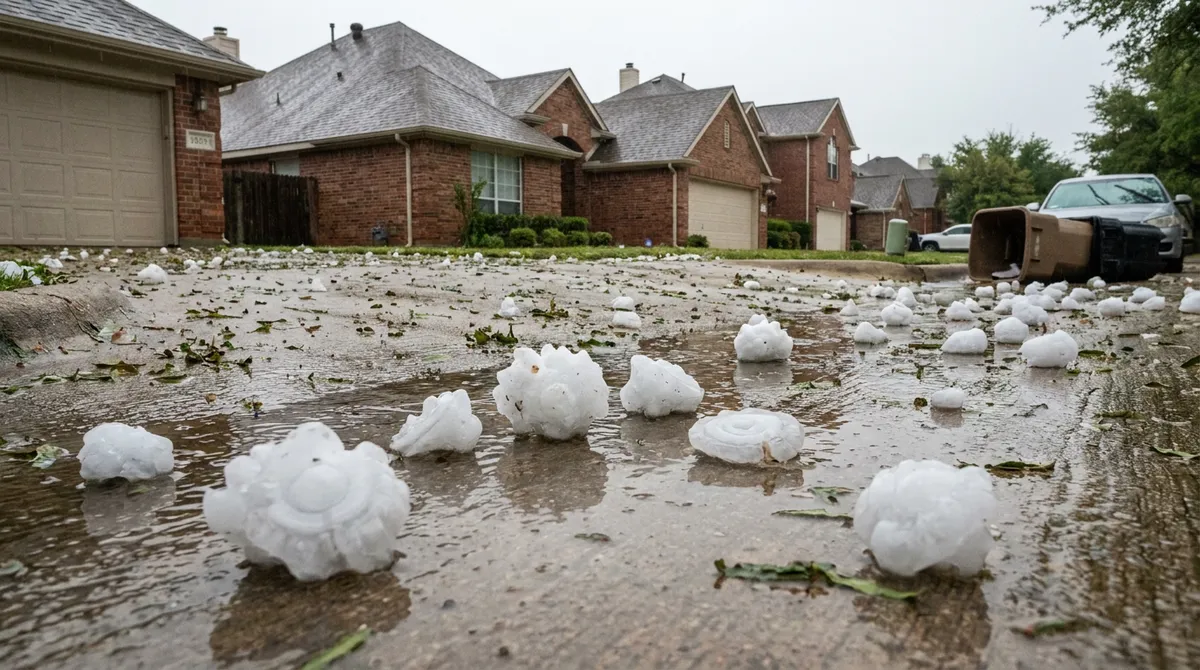 Two-story Plano TX brick home with golf-ball hailstones on the lawn and dented gutters after a hail storm, sky clearing