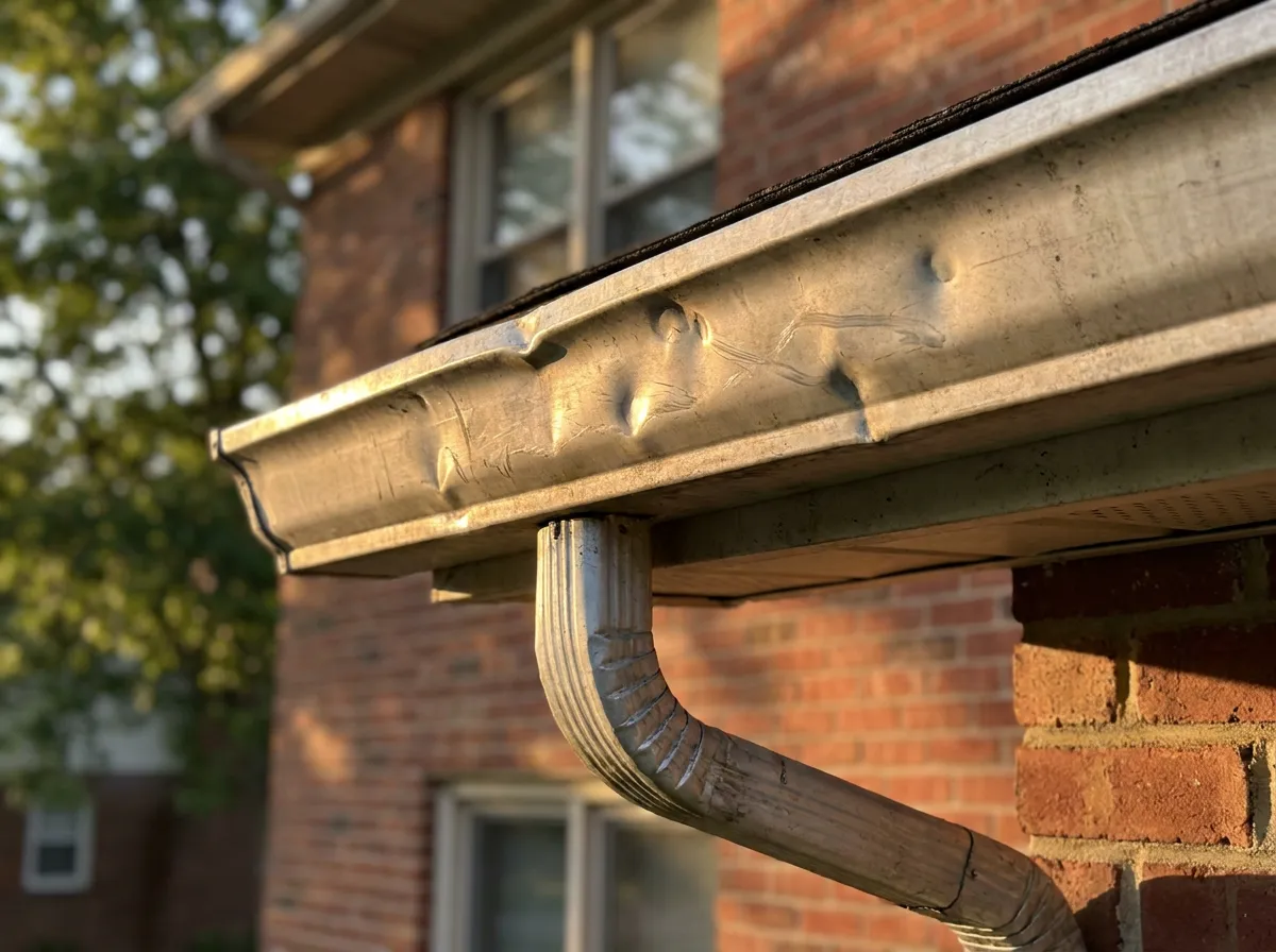 Dented aluminum gutter on a two-story North Texas brick home showing hail impact