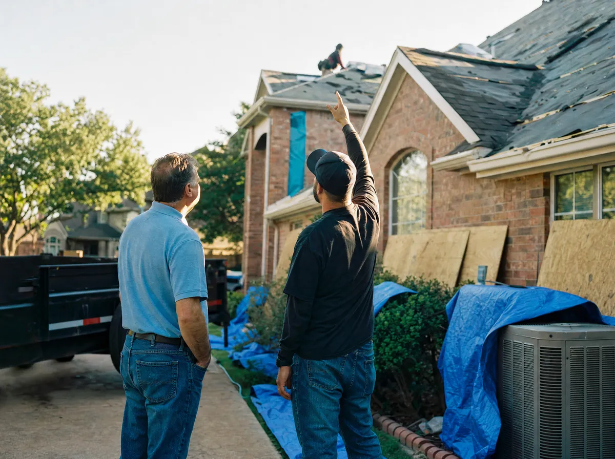 Crew lead and homeowner in the driveway of a Plano, TX home with tarps and window protection in place for a roof replacement