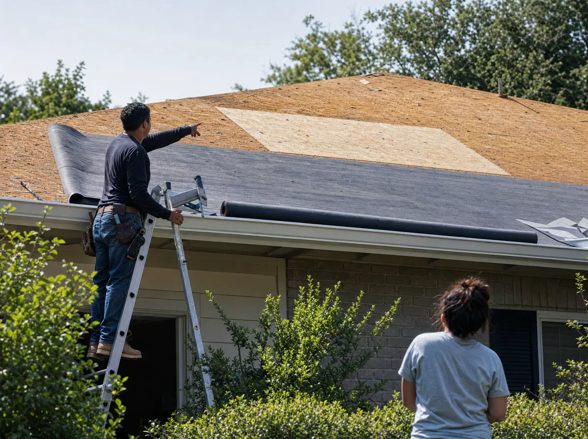 Crew lead showing a homeowner replaced decking sheets during the midday dry-in walk-through