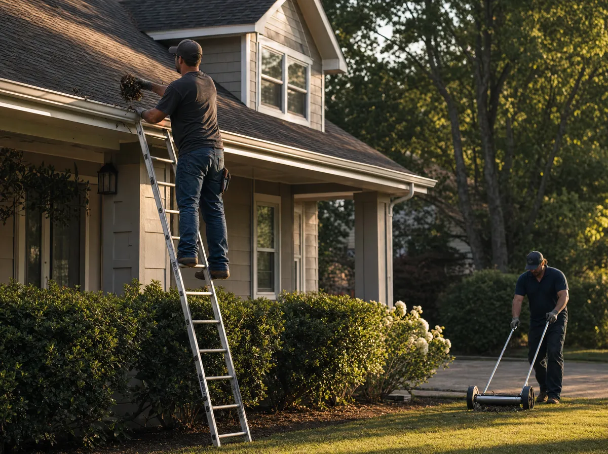 Crew cleaning gutters and running a magnetic sweeper at the end of a roof replacement