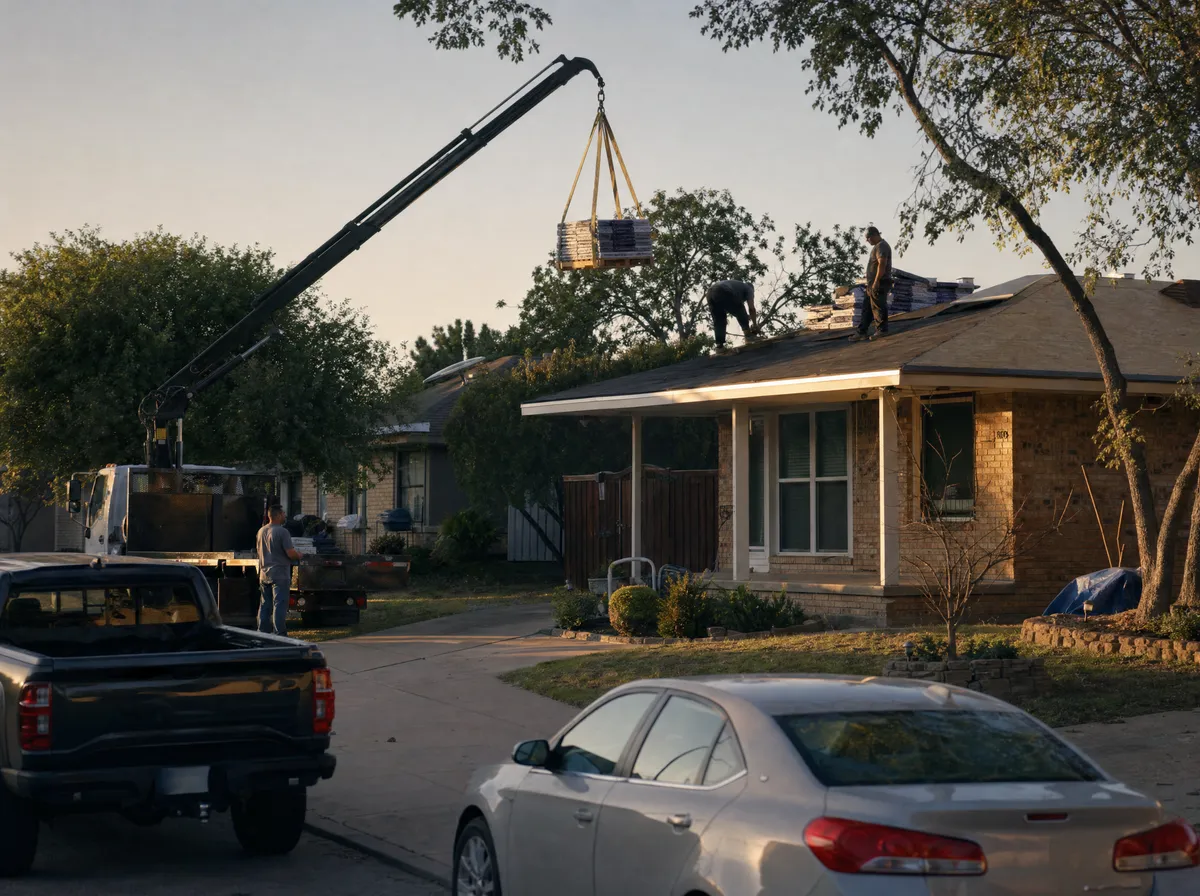Boom truck delivering bundled shingles onto a North Texas roof the evening before install