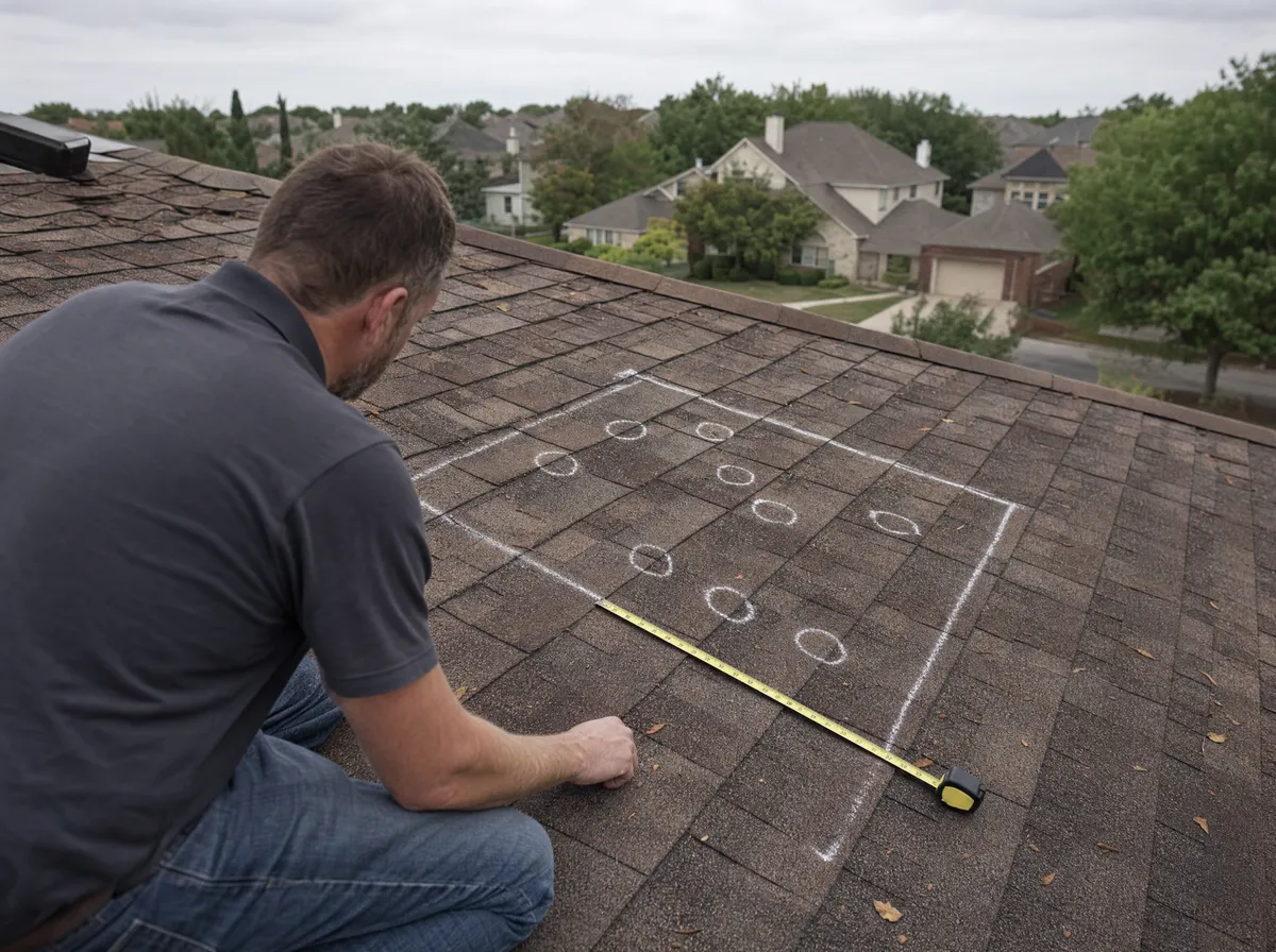 Chalk-marked 10 by 10 foot test square with eight circled hail strikes on a Dallas shingle roof