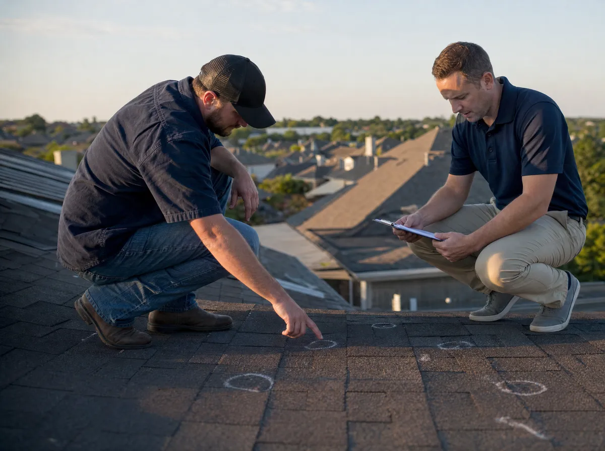 Roofer and insurance adjuster reviewing hail damage together on a Dallas-area shingle roof