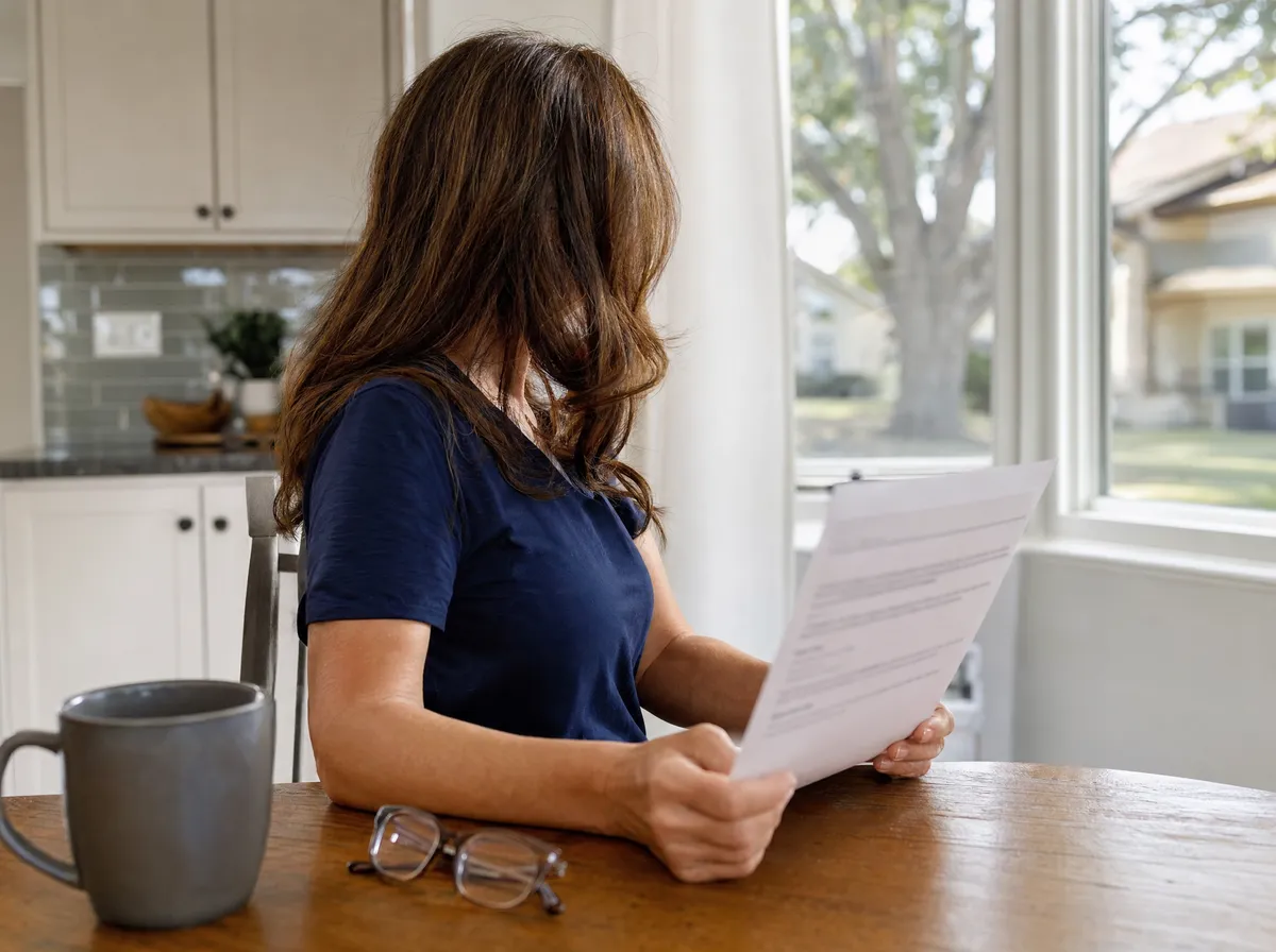 Homeowner reading an insurance letter at a kitchen table