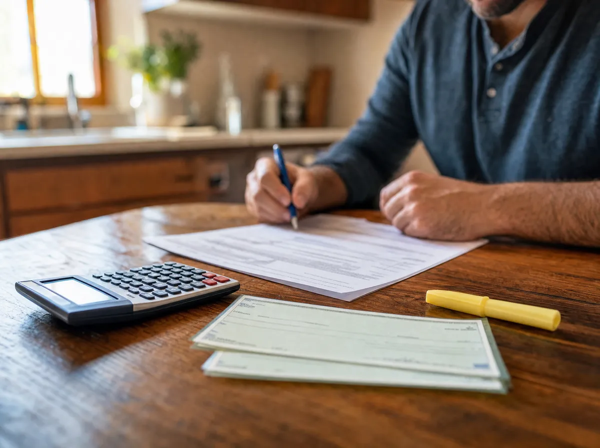 Insurance scope of loss, calculator and two claim checks on a kitchen table