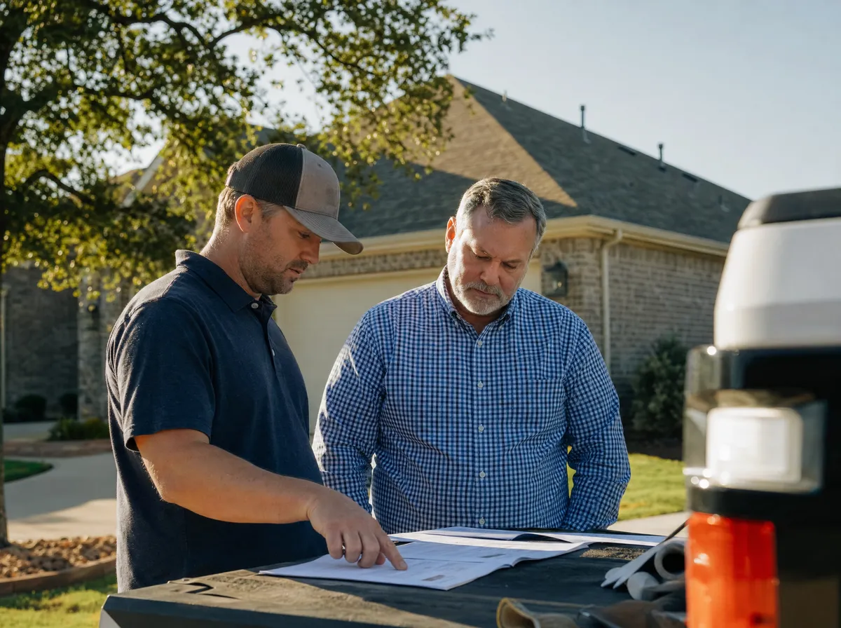 Roofer and homeowner reviewing claim paperwork on a truck tailgate in a Texas driveway