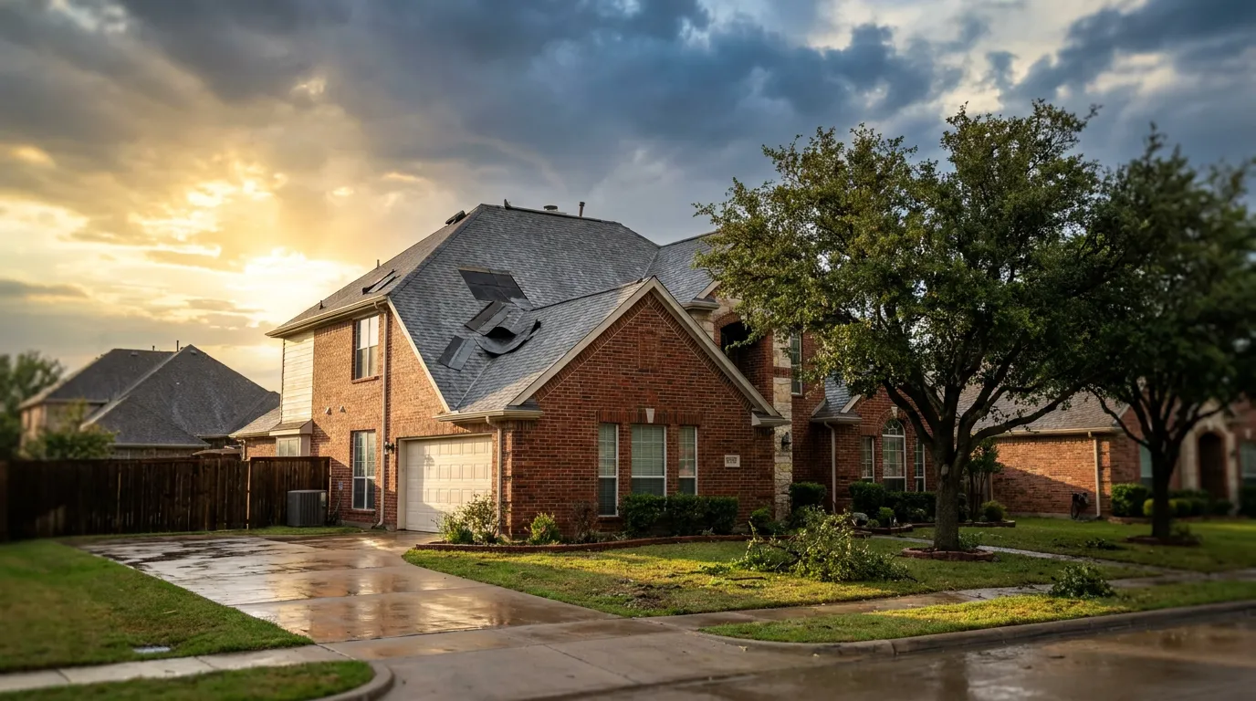 Two-story brick home in North Texas with wind-lifted and missing architectural shingles on the front slope after a spring storm