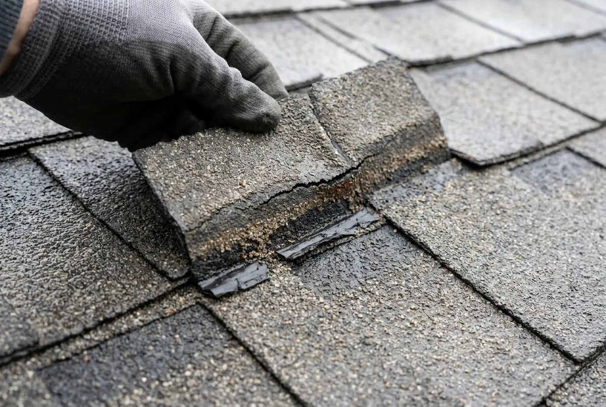 Creased asphalt shingle tab with a broken seal strip after a North Texas wind and hail storm