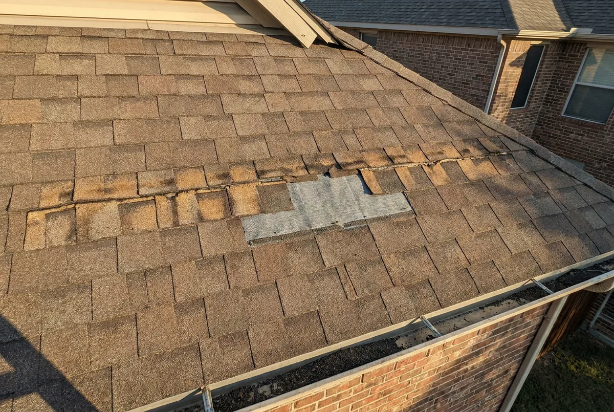Roof slope with a straight line of lifted shingles running across the slope and three tabs missing to expose the underlayment