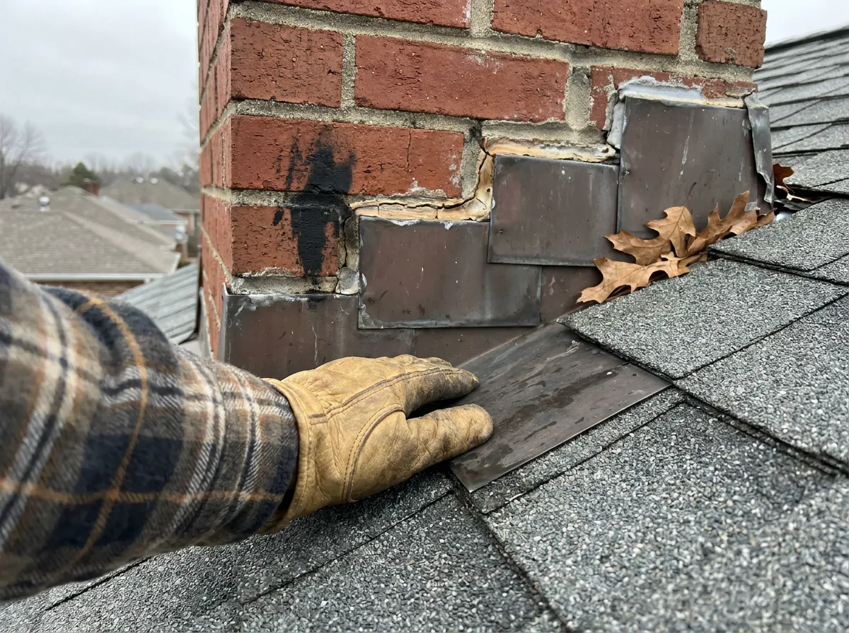 A roofer inspecting metal flashing around a brick chimney on a North Texas home