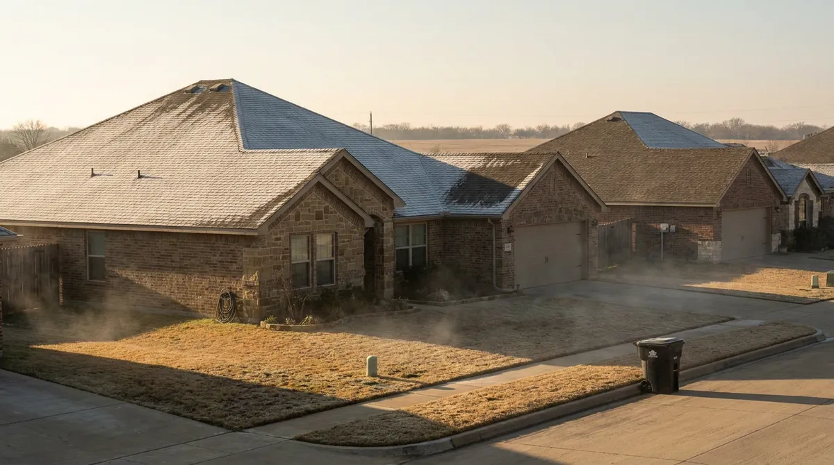 Frosty winter morning over a two-story Dallas brick home as a roofer begins a ground-level perimeter roof inspection