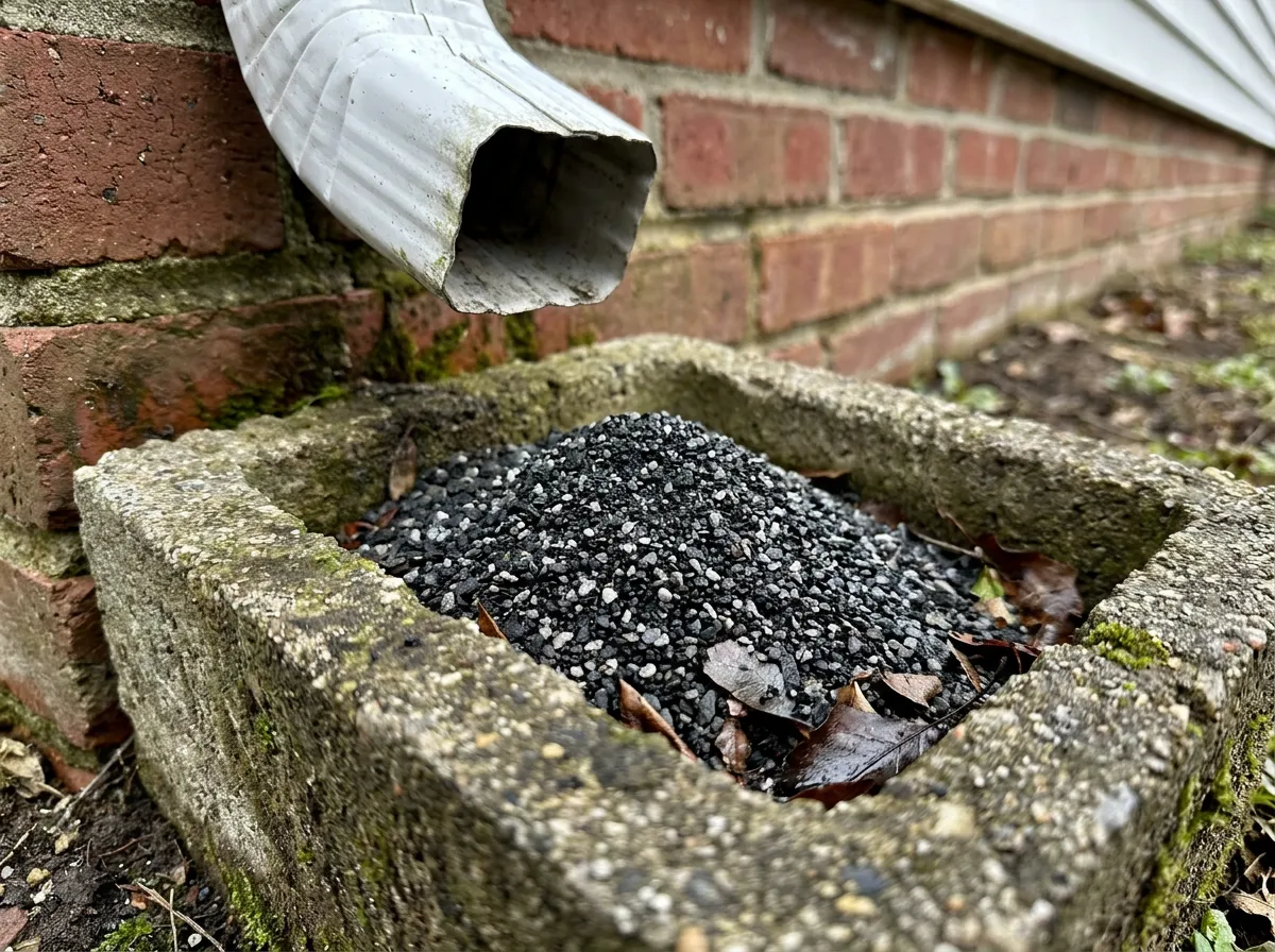 Close-up of black and gray asphalt shingle granules collected in a downspout splash block