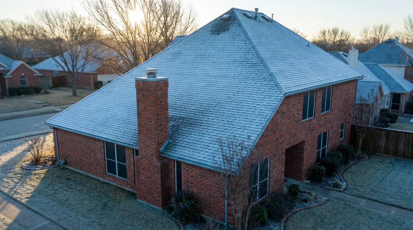 Asphalt shingle roof of a North Texas home with early morning frost on the shaded slope