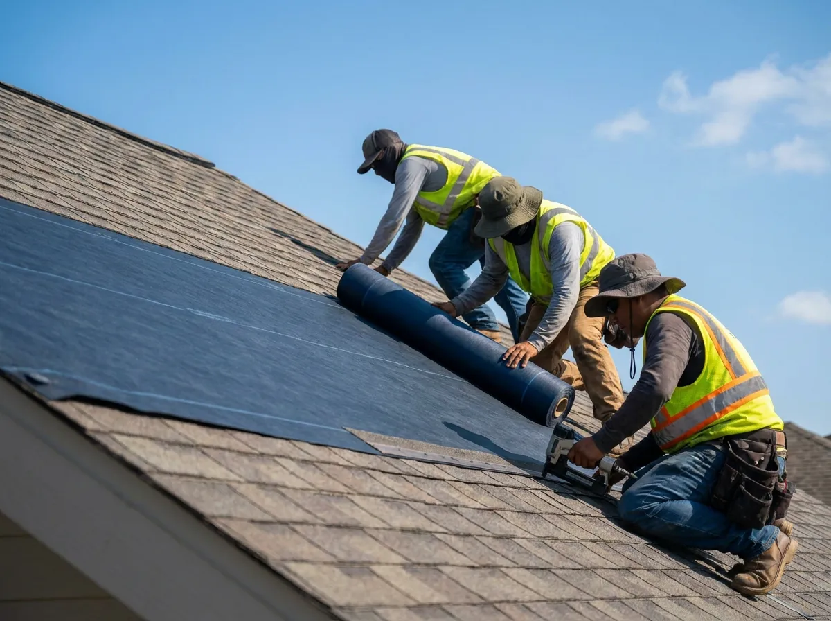 Roof Raiders crew rolling out and nailing synthetic underlayment during a DFW roof installation