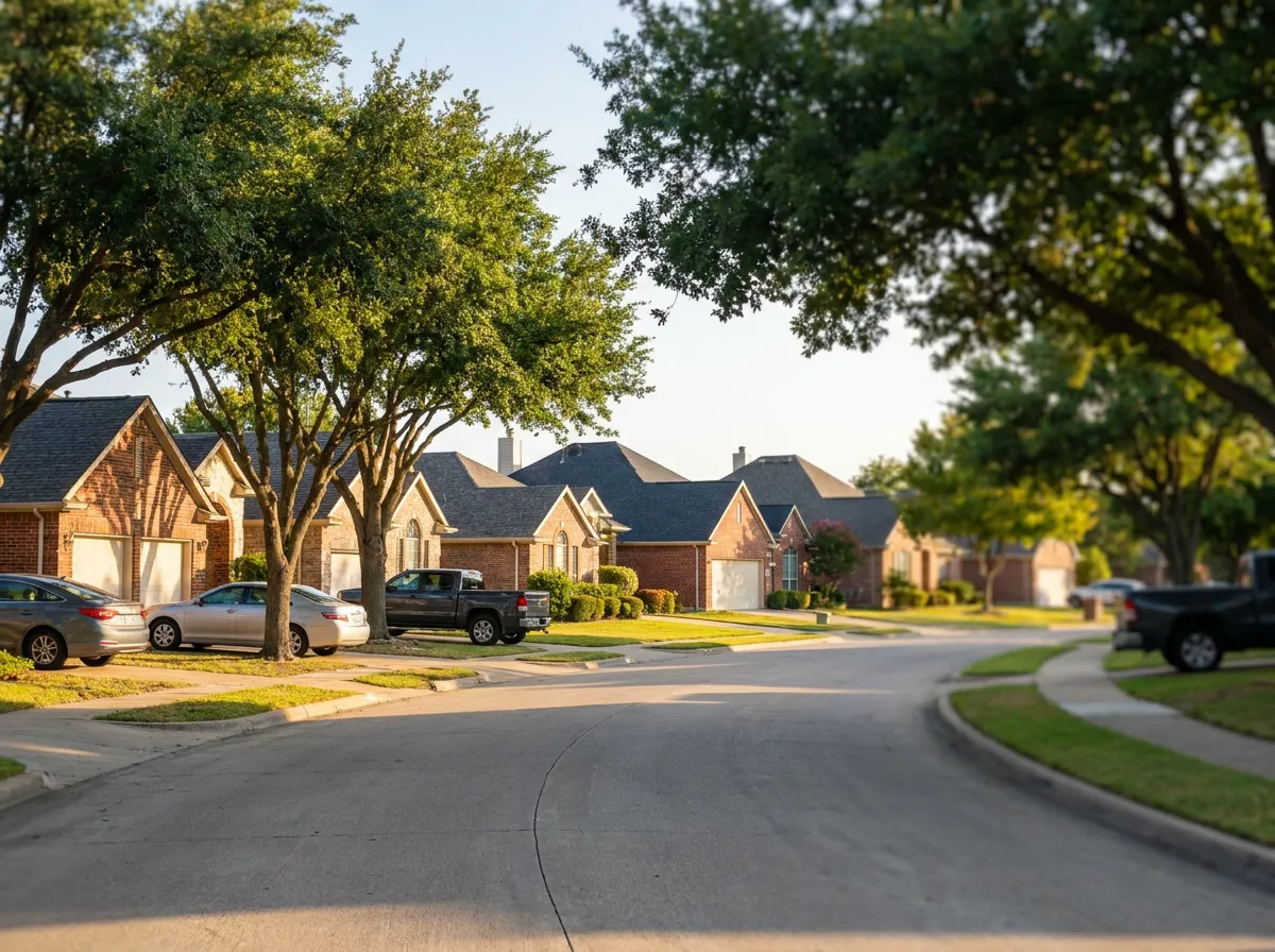 A North Texas residential streetscape with asphalt shingle roofs