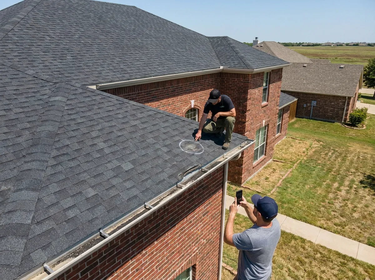 A roofer documenting hail damage on a shingle roof alongside an insurance adjuster