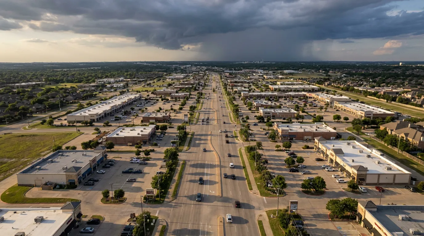 A suburban commercial corridor under building storm clouds in North Texas