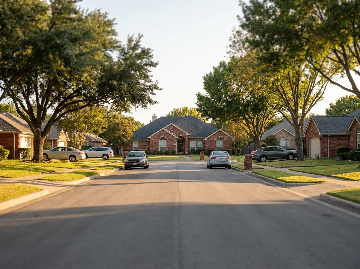 A North Texas residential streetscape with asphalt shingle roofs